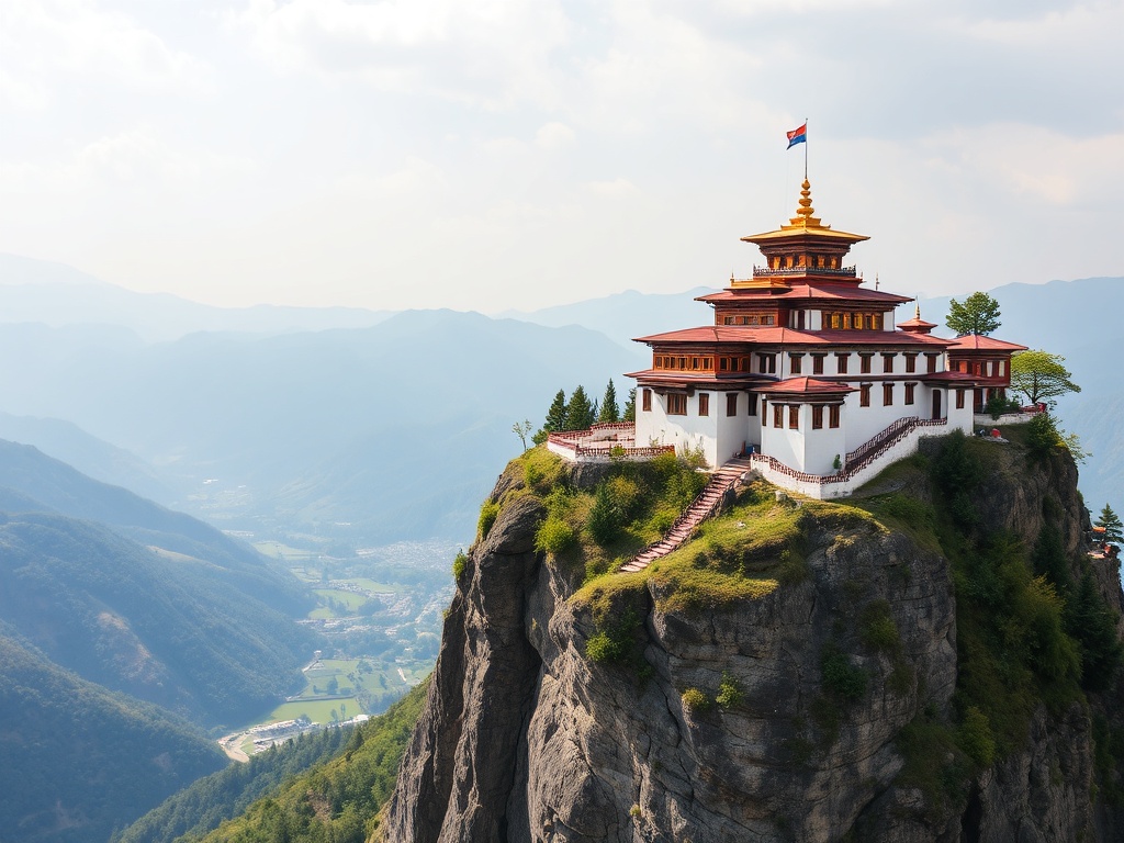 Colorful Buddhist monastery on a cliff with valley views in Bhutan