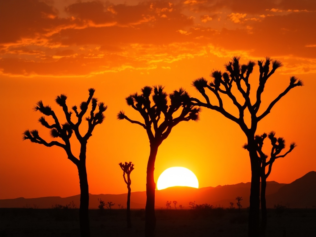Dragon blood trees silhouetted against a dramatic desert sunset on Socotra Island