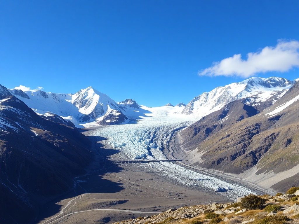 Glacier and mountain scenery with trekking trails in Patagonia