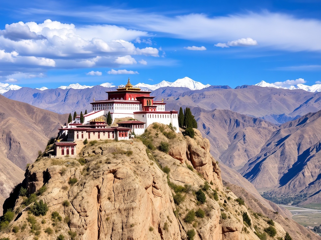 Monastery perched on a cliff with Himalayan mountains in the background, Ladakh