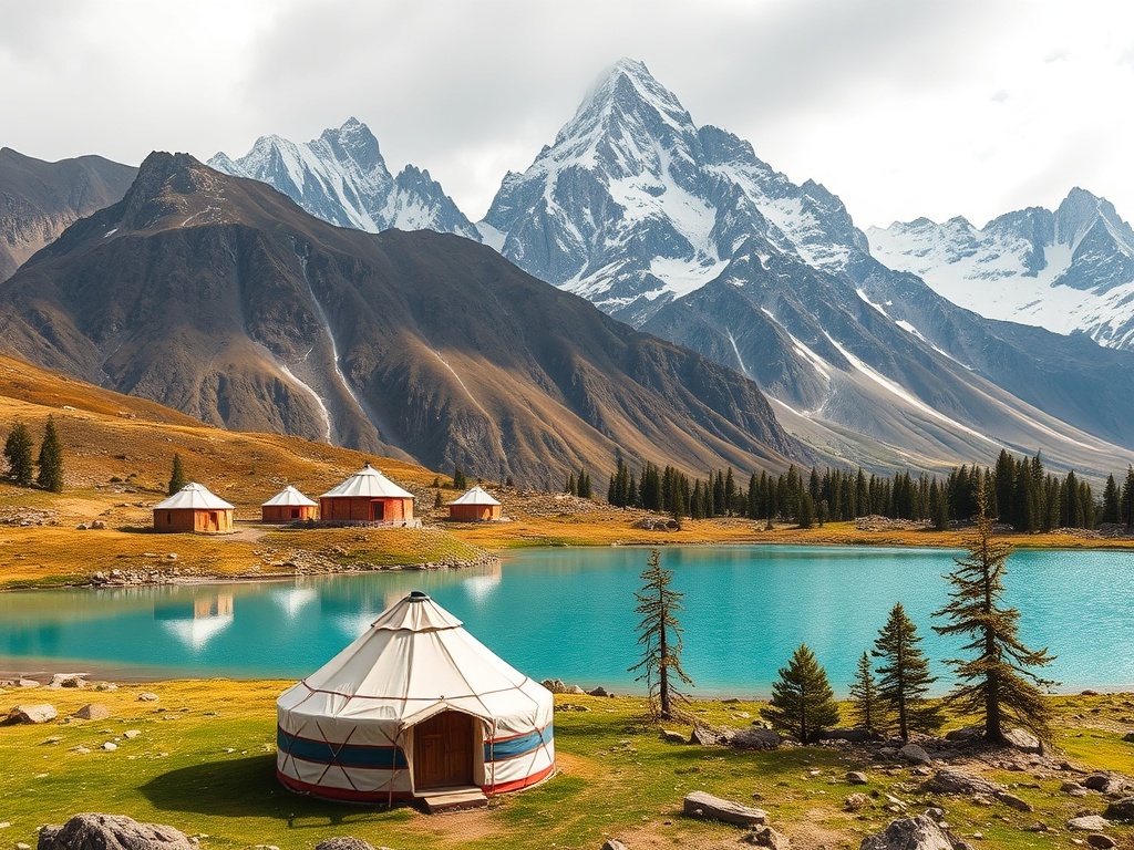 Nomadic yurts near a turquoise alpine lake with towering peaks in Kyrgyzstan