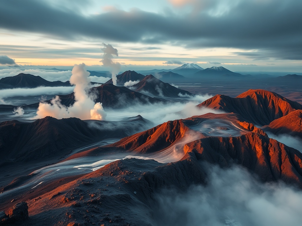 active volcano landscape in Kamchatka with steam vents and rugged terrain, cinematic lighting, high detail