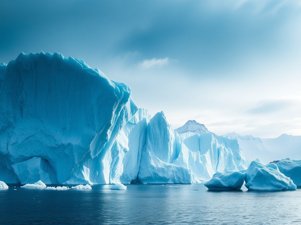 massive icebergs floating in Greenland fjord, icy blue tones, dramatic Arctic light, ultra detailed landscape photography