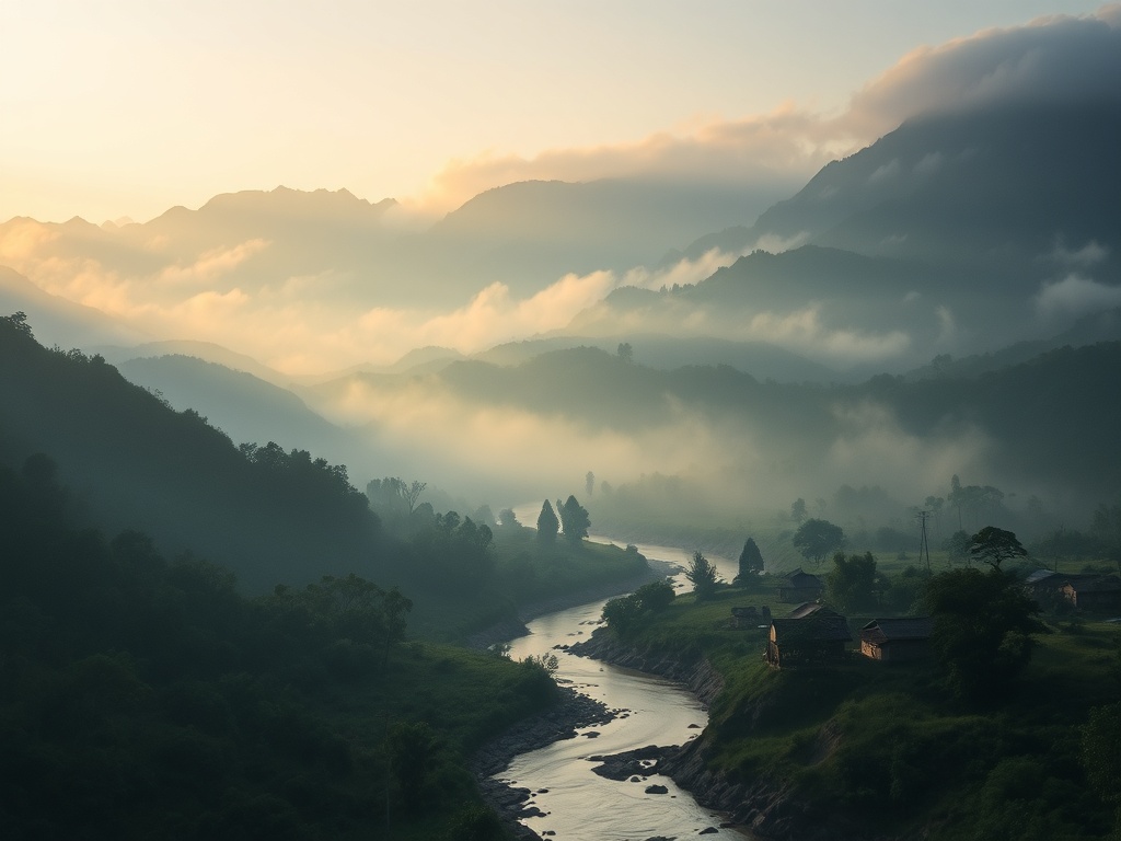 misty mountains and river valley in northern Laos with small village, soft morning light, serene travel photography