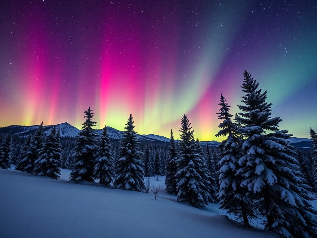 northern lights over snowy Yukon wilderness with pine trees and starry sky, vivid colors, ultra realistic photography