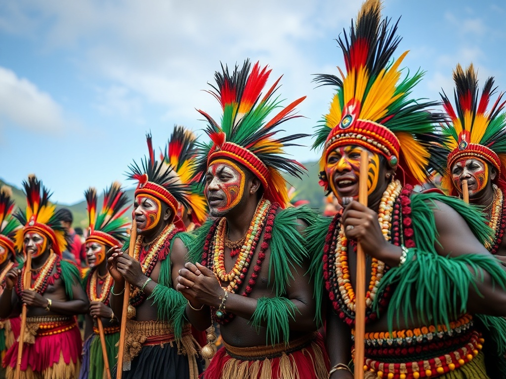 Papua New Guinea highlands tribal festival sing sing colorful costumes and face paint, vibrant cultural photography