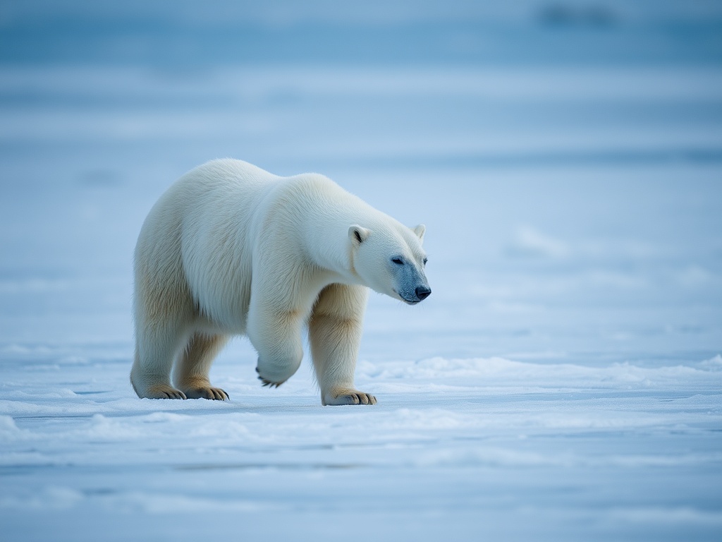polar bear walking across icy Arctic landscape in Svalbard, cold blue tones, high detail wildlife photography