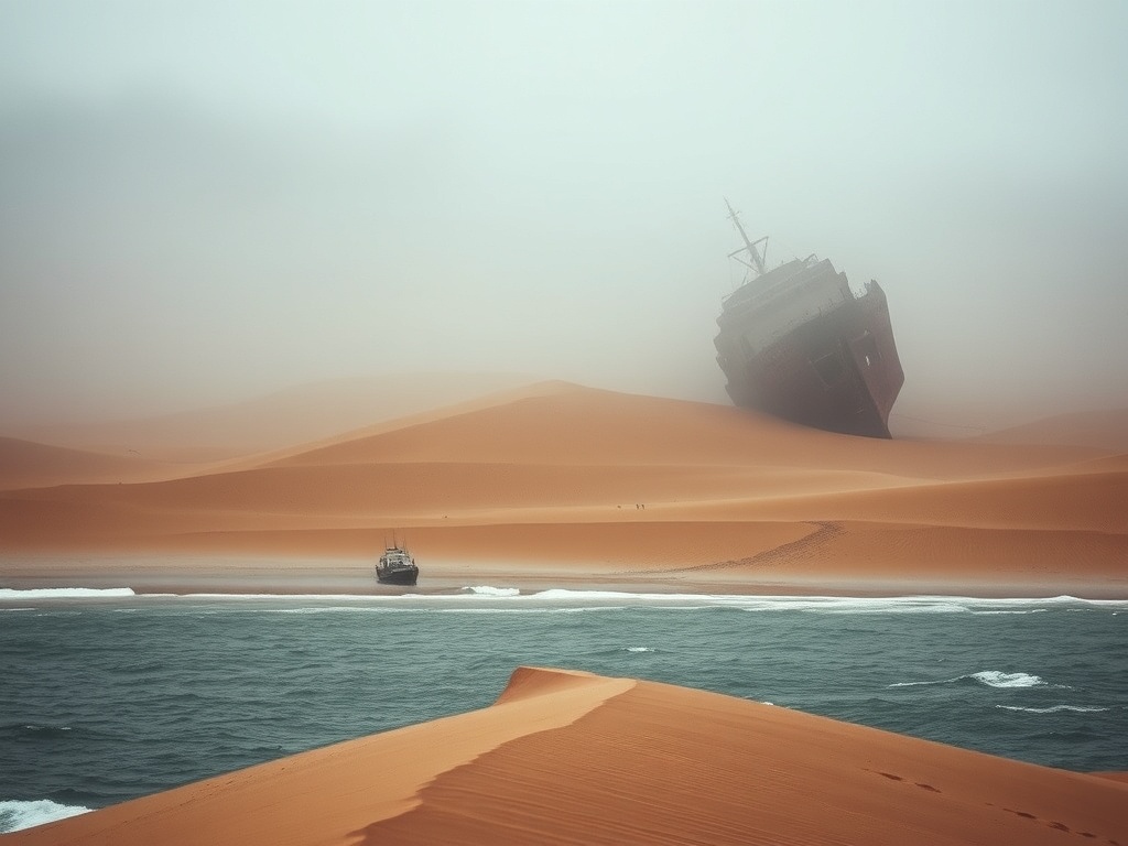 shipwreck on Skeleton Coast Namibia with fog rolling over desert dunes meeting ocean, moody cinematic photography