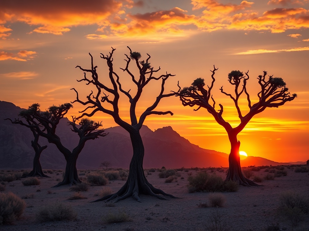 surreal dragon blood trees on Socotra island at sunset, otherworldly landscape, dramatic lighting, ultra realistic photography