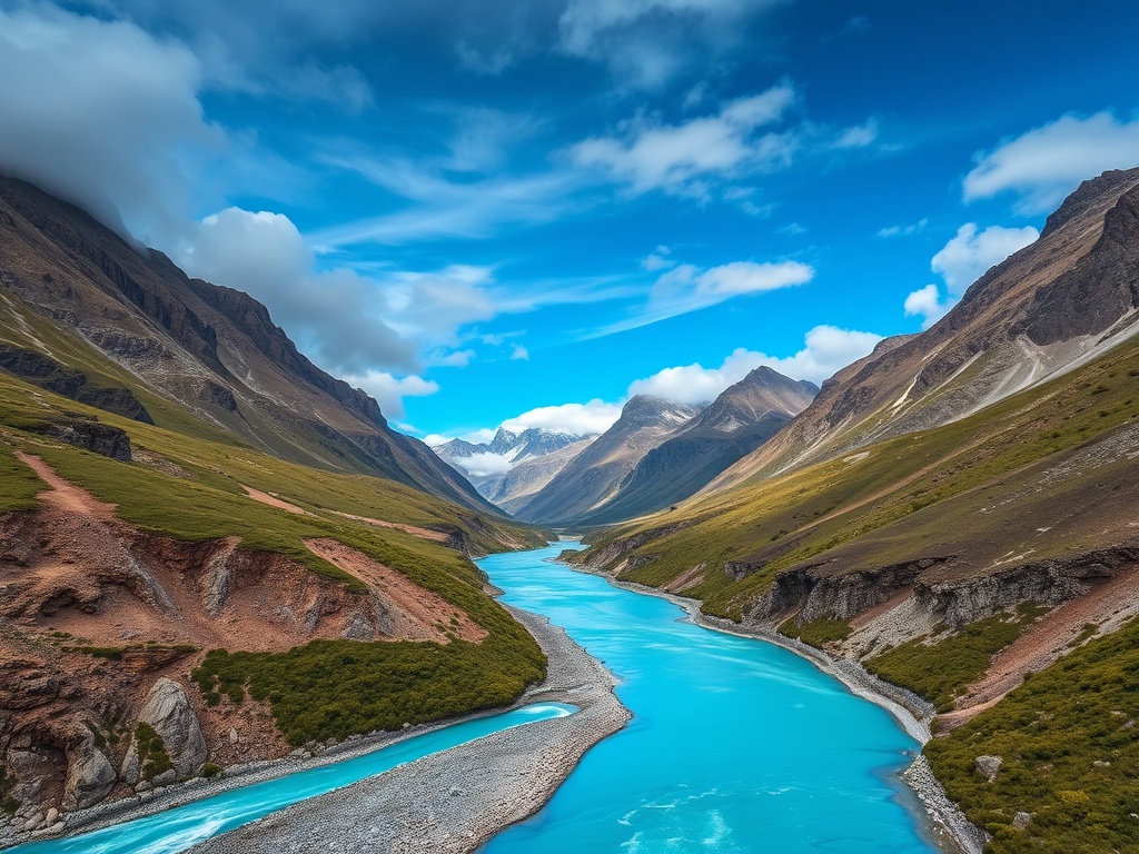 turquoise river cutting through rugged Patagonia mountains in Aysen Chile, dramatic sky, ultra realistic landscape