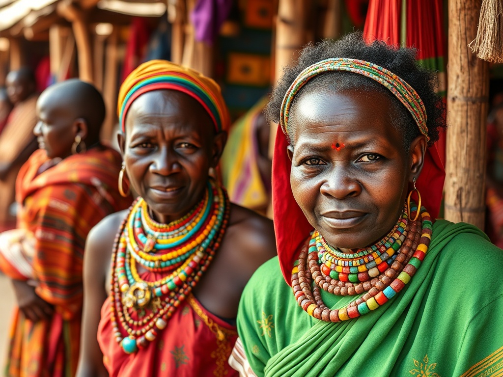 vibrant tribal market in Ethiopia Omo Valley, colorful clothing, cultural portrait photography, natural light