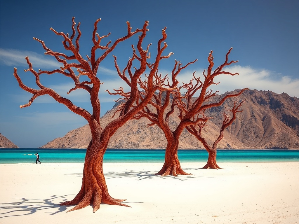 alien dragon blood trees in Socotra, surreal desert island landscape with turquoise water and white sand