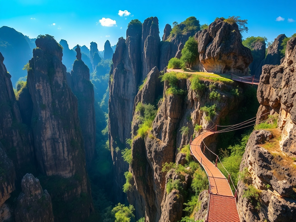 limestone forest of sharp pinnacles in Tsingy de Bemaraha with rope bridges and rugged terrain