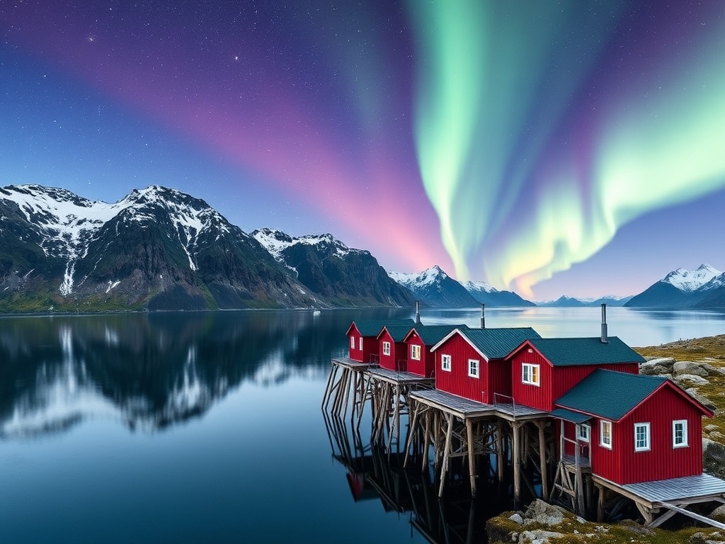 Lofoten Islands red cabins on stilts with dramatic fjords and northern lights dancing in the sky