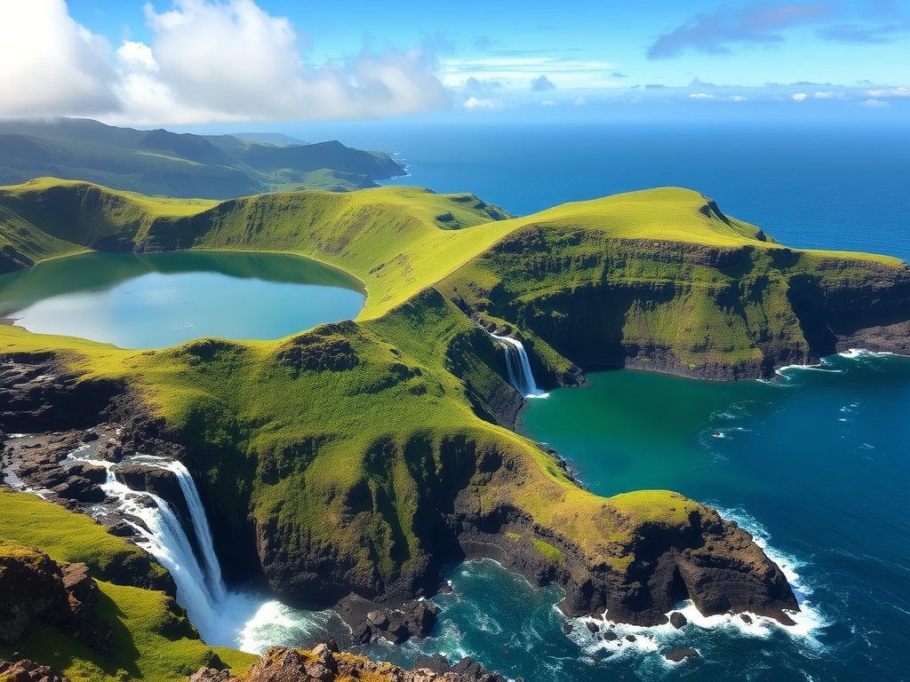 lush volcanic crater lakes in Azores with green hills, waterfalls, and dramatic Atlantic coastline