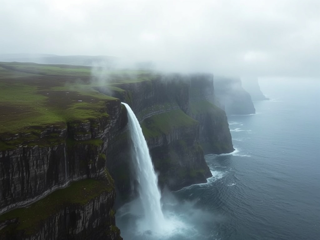 misty cliffs of Faroe Islands with waterfalls plunging into the ocean, dramatic Nordic landscape, moody skies