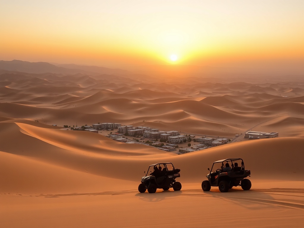 oasis town Huacachina surrounded by massive sand dunes at sunset with dune buggies and sandboarding