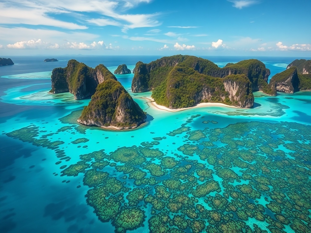 Raja Ampat limestone islands over turquoise water with vibrant coral reefs visible from above
