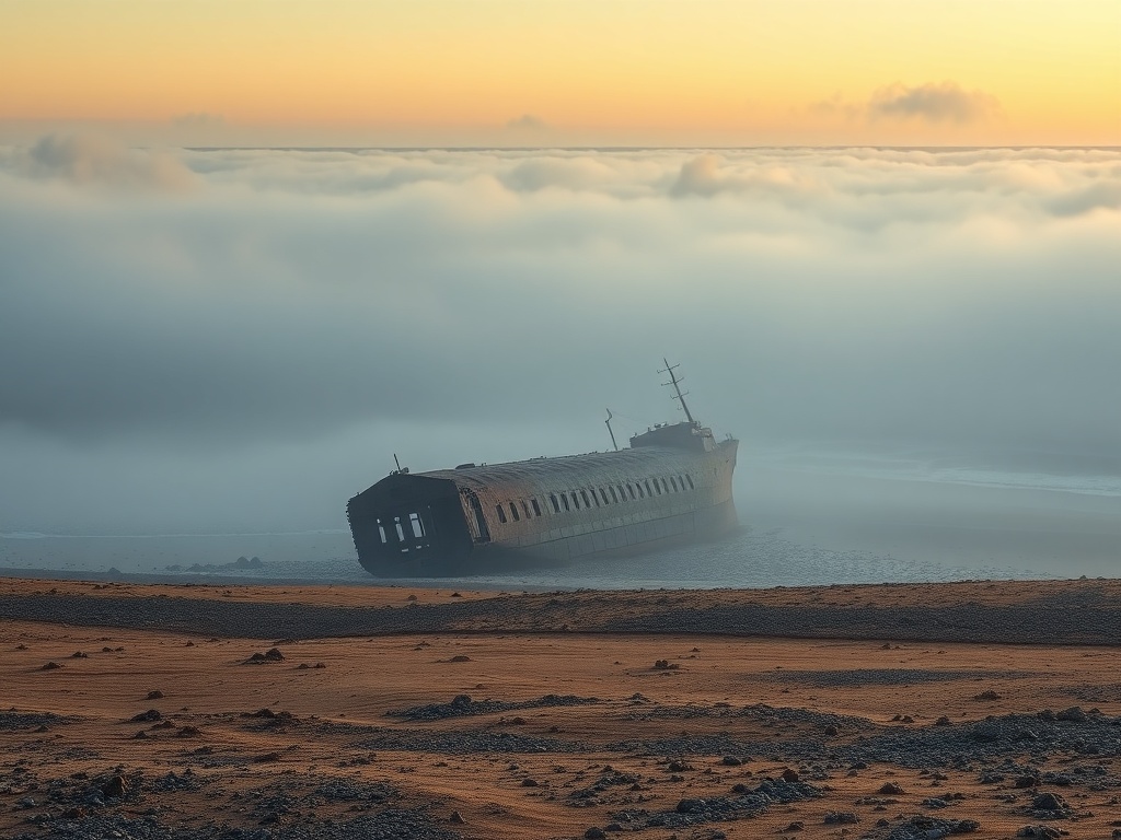 shipwreck on Skeleton Coast Namibia with fog rolling over desert meeting ocean, haunting landscape