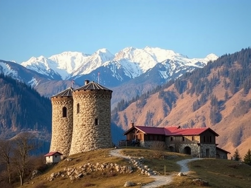 stone watchtowers in Svaneti Georgia with snow-capped Caucasus mountains and remote alpine village
