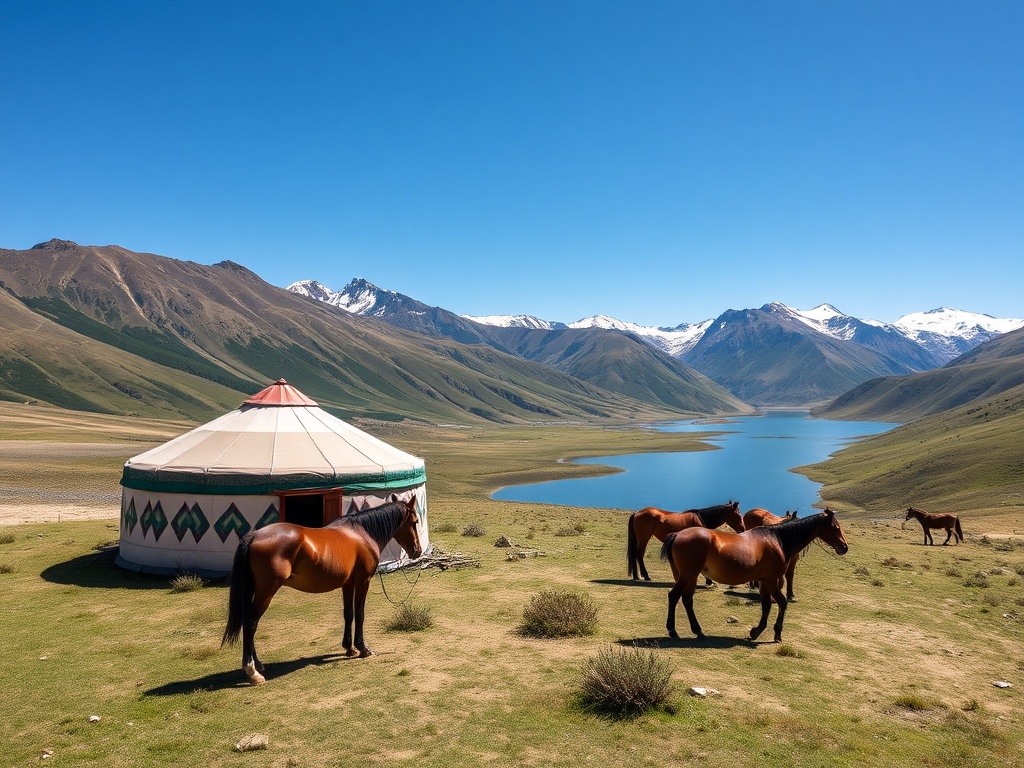 yurt camp in Kyrgyzstan mountains with horses, alpine lake, and vast open sky