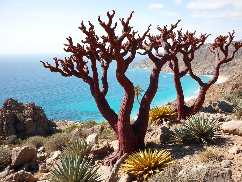 bizarre dragon blood trees on rocky terrain, turquoise coastline in the background, exotic desert flora