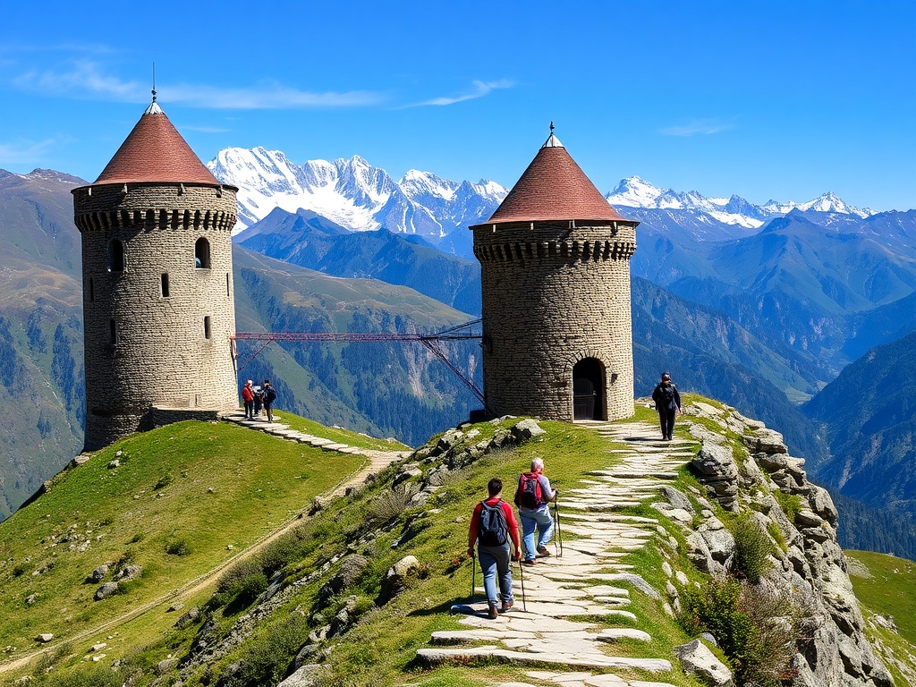 Caucasus mountains with medieval stone towers, hikers on a narrow path, snow-capped peaks in the background
