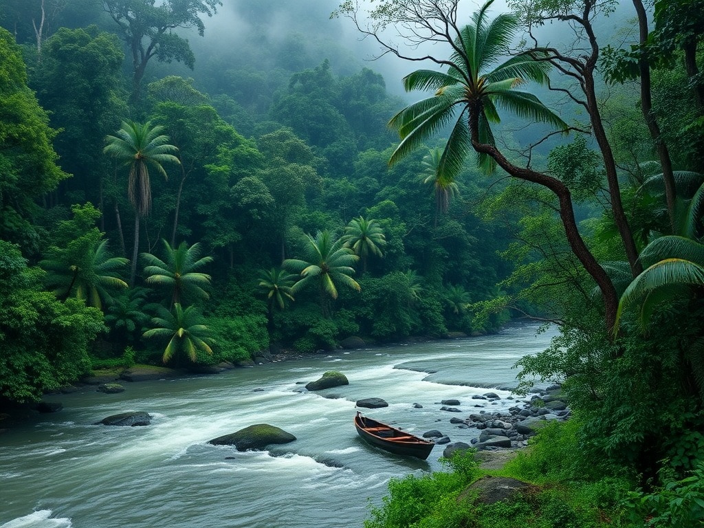 dense Borneo rainforest with river rapids, orangutans in trees, and misty jungle landscape