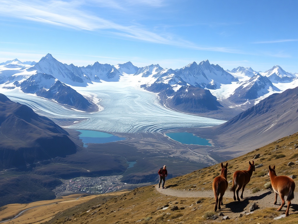 dramatic Patagonian mountains with glacial lakes, trekking hikers on a narrow trail, wild guanacos nearby