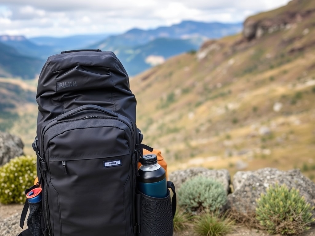 gear-packed backpack in front of a scenic vista, highlighting preparation for adventure travel