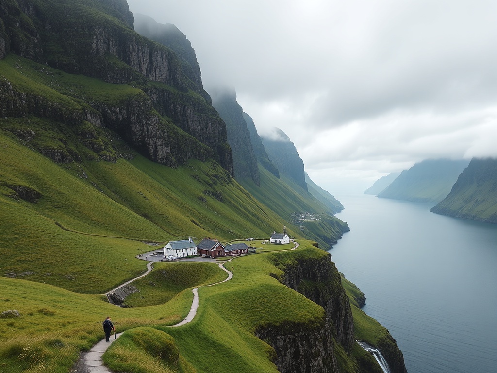 towering cliffs of the Faroe Islands with puffins nesting, small village by the fjord, and winding hiking paths
