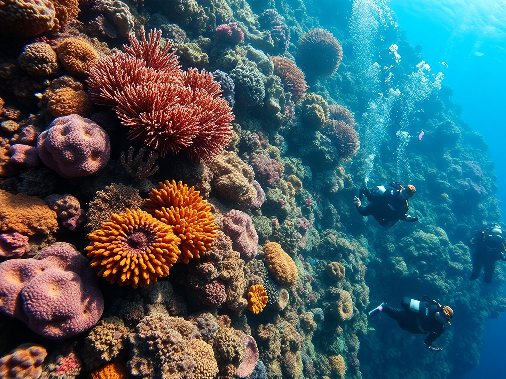colorful coral reef with divers, underwater adventure