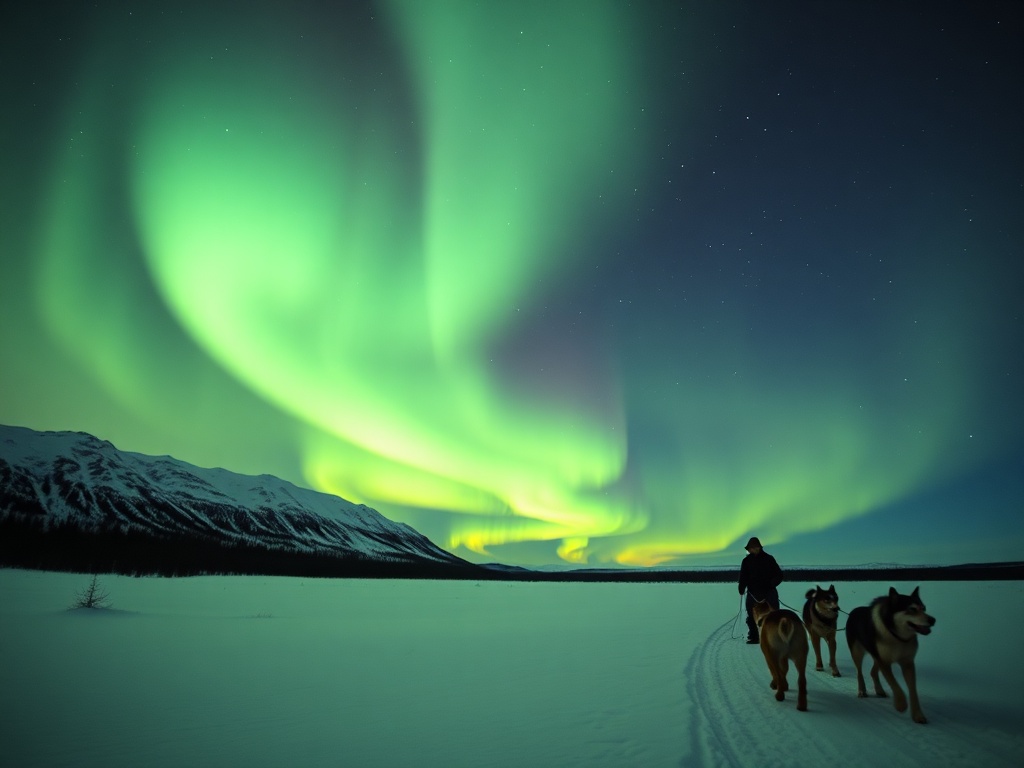Northern Lights over Arctic landscape, dog sledding