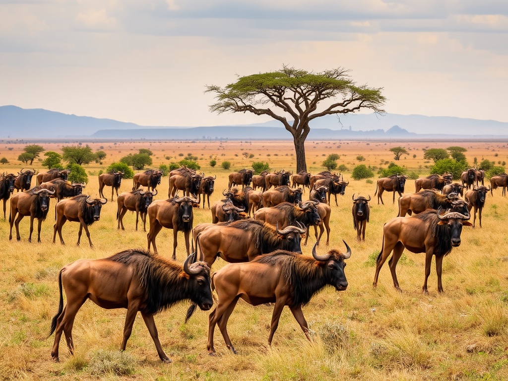 Serengeti wildlife safari, lions and wildebeest