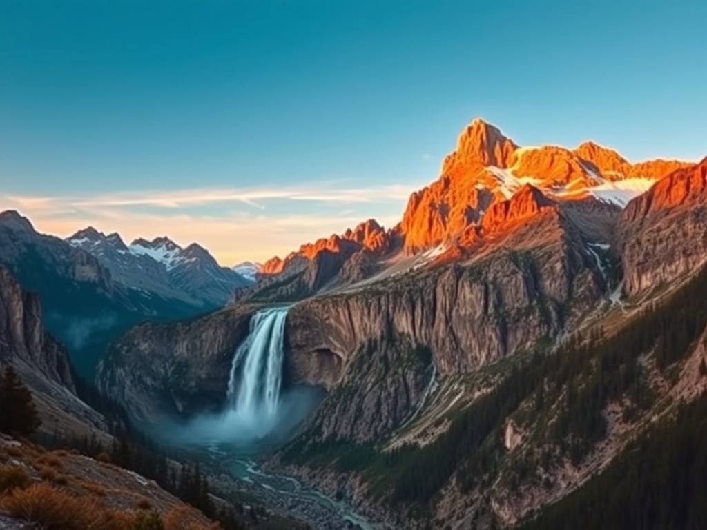 vivid mountain and waterfall landscape, adventure travel scene