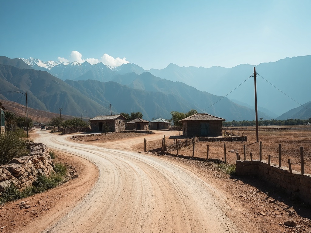 dusty road leading to small remote village with mountains in background, no crowds, authentic travel scene