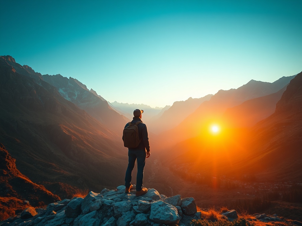lone traveler overlooking remote mountain valley at sunrise, untouched landscape, cinematic light, adventurous mood