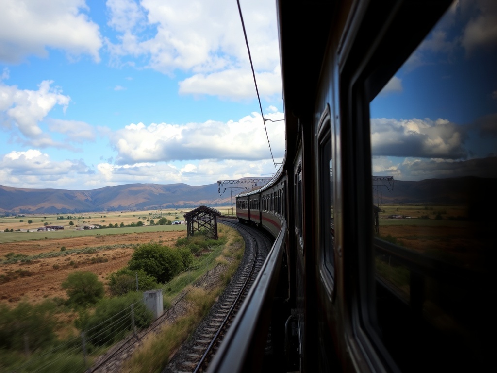 old train traveling through dramatic countryside, window view perspective, slow travel aesthetic