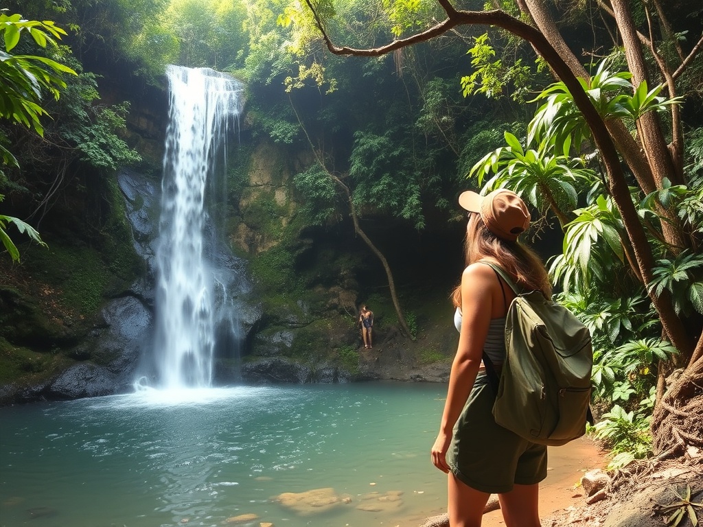 serendipitous travel moment, traveler discovering hidden waterfall in jungle, spontaneous adventure vibe