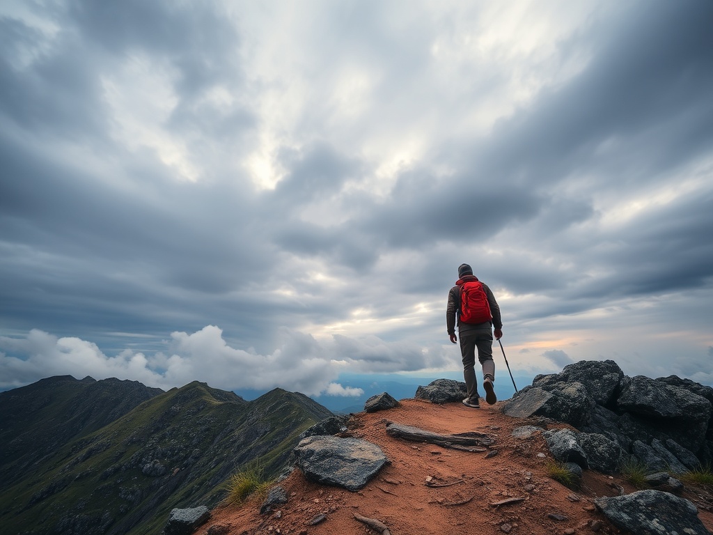 traveler hiking rugged trail under dramatic sky, sense of challenge and achievement, wild terrain
