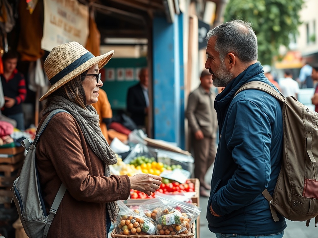 traveler interacting with local market vendor, warm human connection, authentic cultural moment