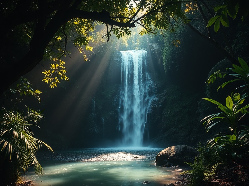 hidden waterfall in jungle sunlight rays peaceful untouched nature cinematic