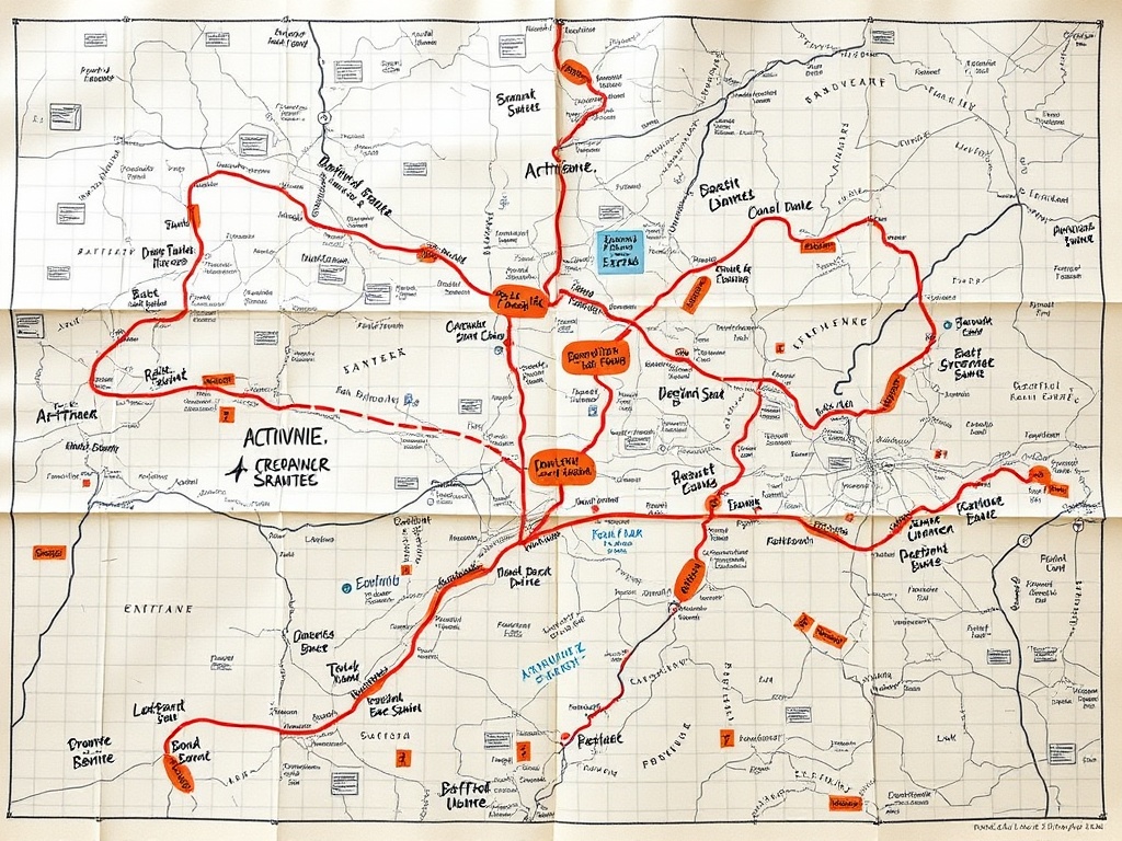 map with multiple routes highlighted and scribbled notes chaotic planning aesthetic top view