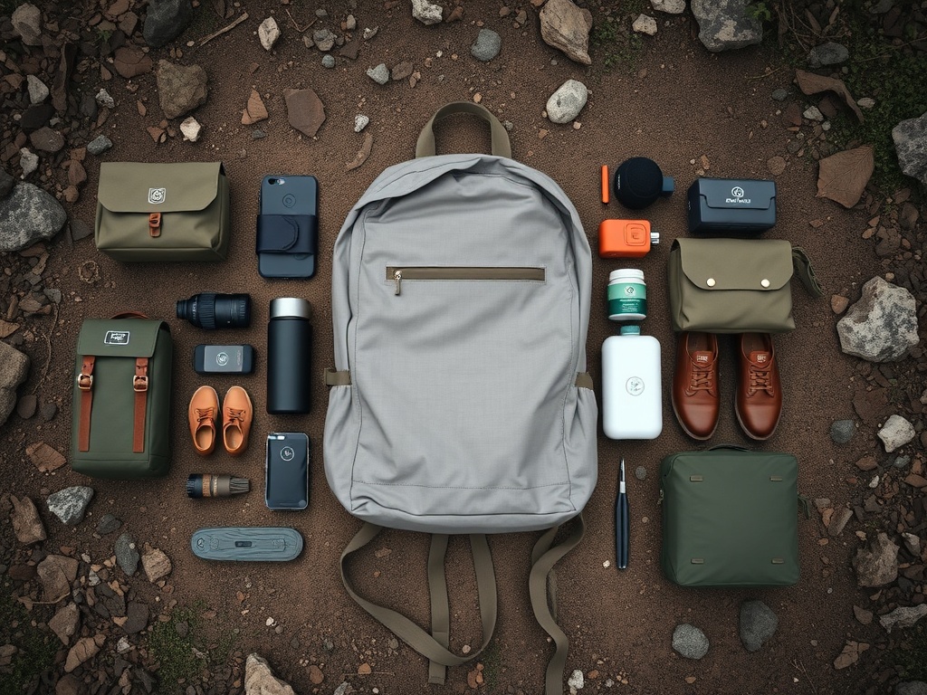 minimalist backpack gear laid out on ground hiking essentials flat lay rugged outdoor setting