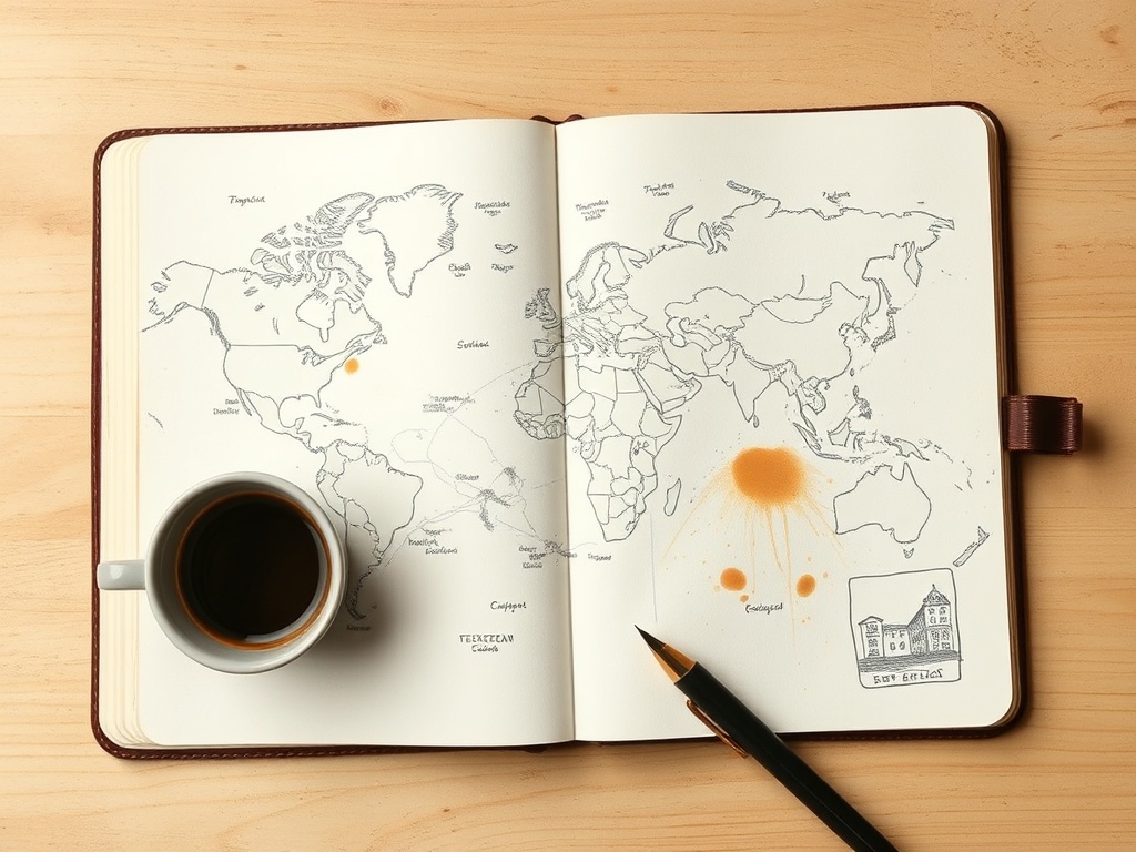 open travel notebook with hand drawn itinerary map coffee stains and pen sketches adventurous vibe