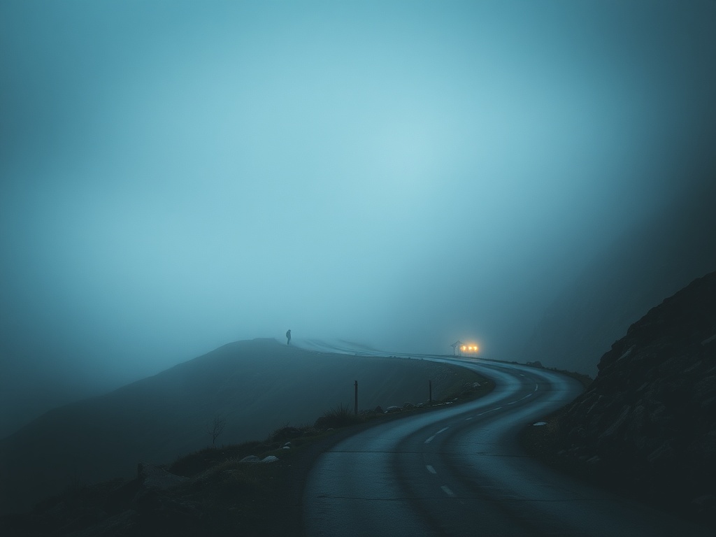 remote mountain road winding through fog with a lone traveler backpacking cinematic moody lighting