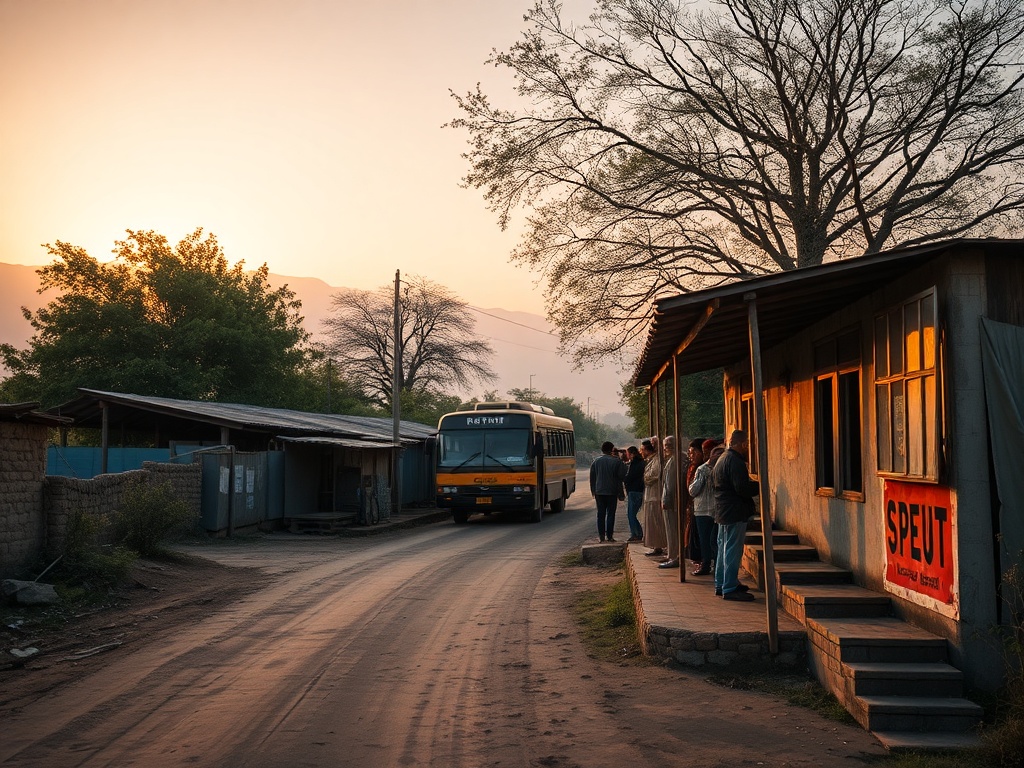 small rural bus station in a remote village travelers waiting dusty road golden hour