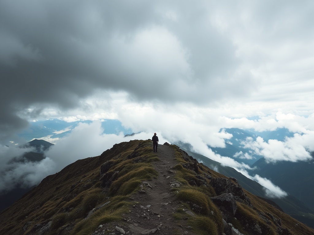 storm clouds rolling over mountain trail dramatic weather lone hiker resilience mood