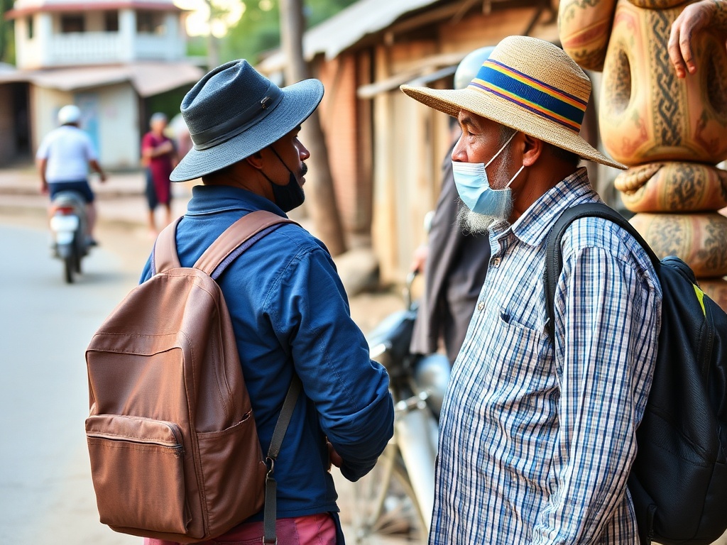traveler chatting with local villager roadside warm candid moment cultural exchange