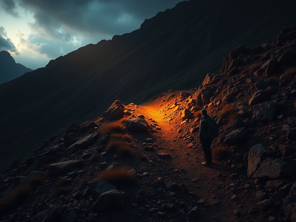 fork in a rugged trail, traveler choosing direction, dramatic lighting, sense of decision